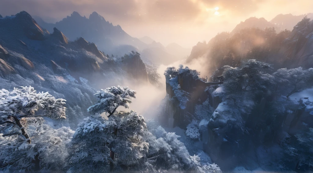 Mountain tops covered with snow and mist，snow，heavy snow，snowflake，正在snow，Wooded, 8k stunning artwork, Unreal Engine 4K Wallpaper, 4k highly detailed digital art, Movie. Leng Jun, Chinese scenery, ryan dyar, Mark Adams, Inspired by Sung Choi, Bastien Grieve, Unreal Engine fantasy art, 8K matte, 8K matte