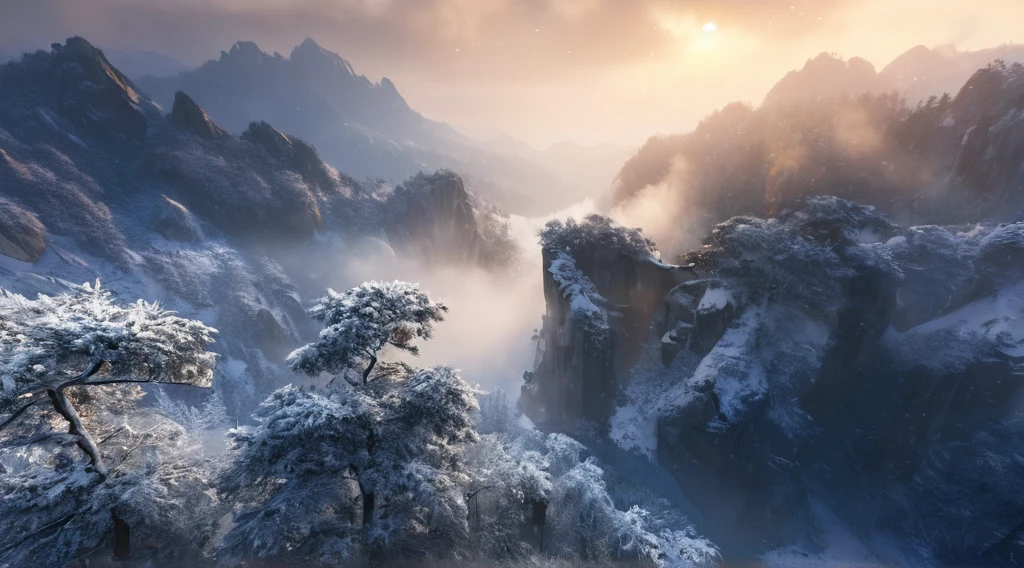 Mountain tops covered with snow and mist，snow，heavy snow，snowflake，正在snow，Wooded, 8k stunning artwork, Unreal Engine 4K Wallpaper, 4k highly detailed digital art, Movie. Leng Jun, Chinese scenery, ryan dyar, Mark Adams, Inspired by Sung Choi, Bastien Grieve, Unreal Engine fantasy art, 8K matte, 8K matte