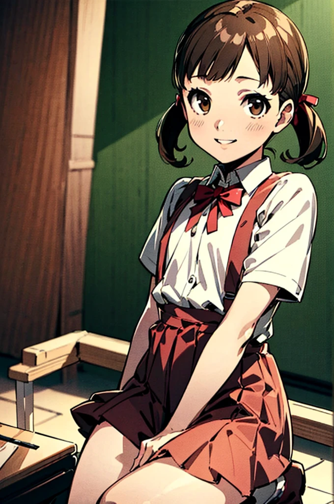 solo, smile, Nanako Doujima, short twintails, brown eyes, eva school unifrom, 1girl, solo, tokyo-3 middle ,  shirt, short sleeves, suspender skirt, neck ribbon,, ultra detailed, masterpiece, best quality,nsfw