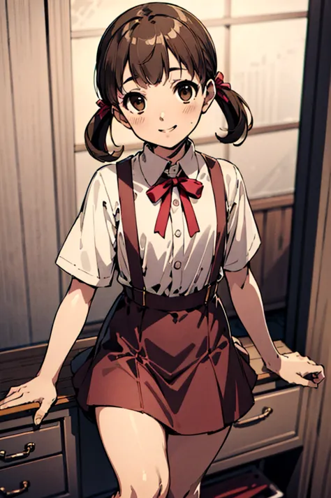 solo, smile, nanako doujima, short twintails, brown eyes, eva school unifrom, 1girl, solo, tokyo-3 middle ,  shirt, short sleeve...