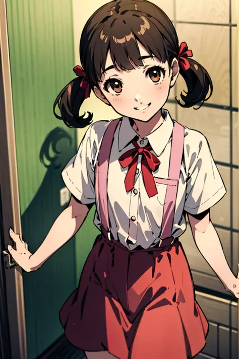 solo, smile, nanako doujima, short twintails, brown eyes, eva school unifrom, 1girl, solo, tokyo-3 middle ,  shirt, short sleeve...