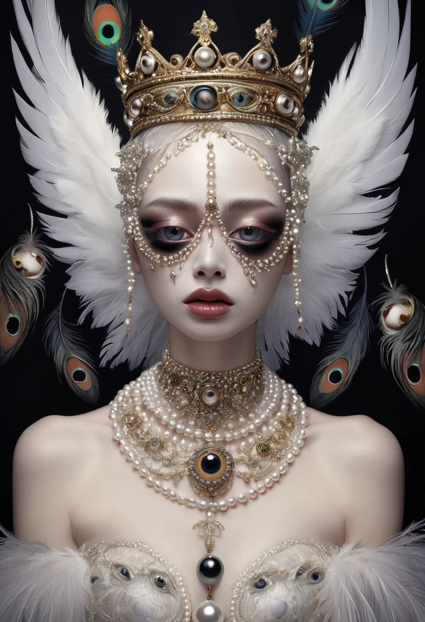 (masterpiece, best quality:1.2),Grotesque Aesthetics， Ugly faceless person，There are many eyeballs growing on the skin of the face，teeth， Solitary，black background，crown，veil，hand，Pearl Necklace，Feather wings