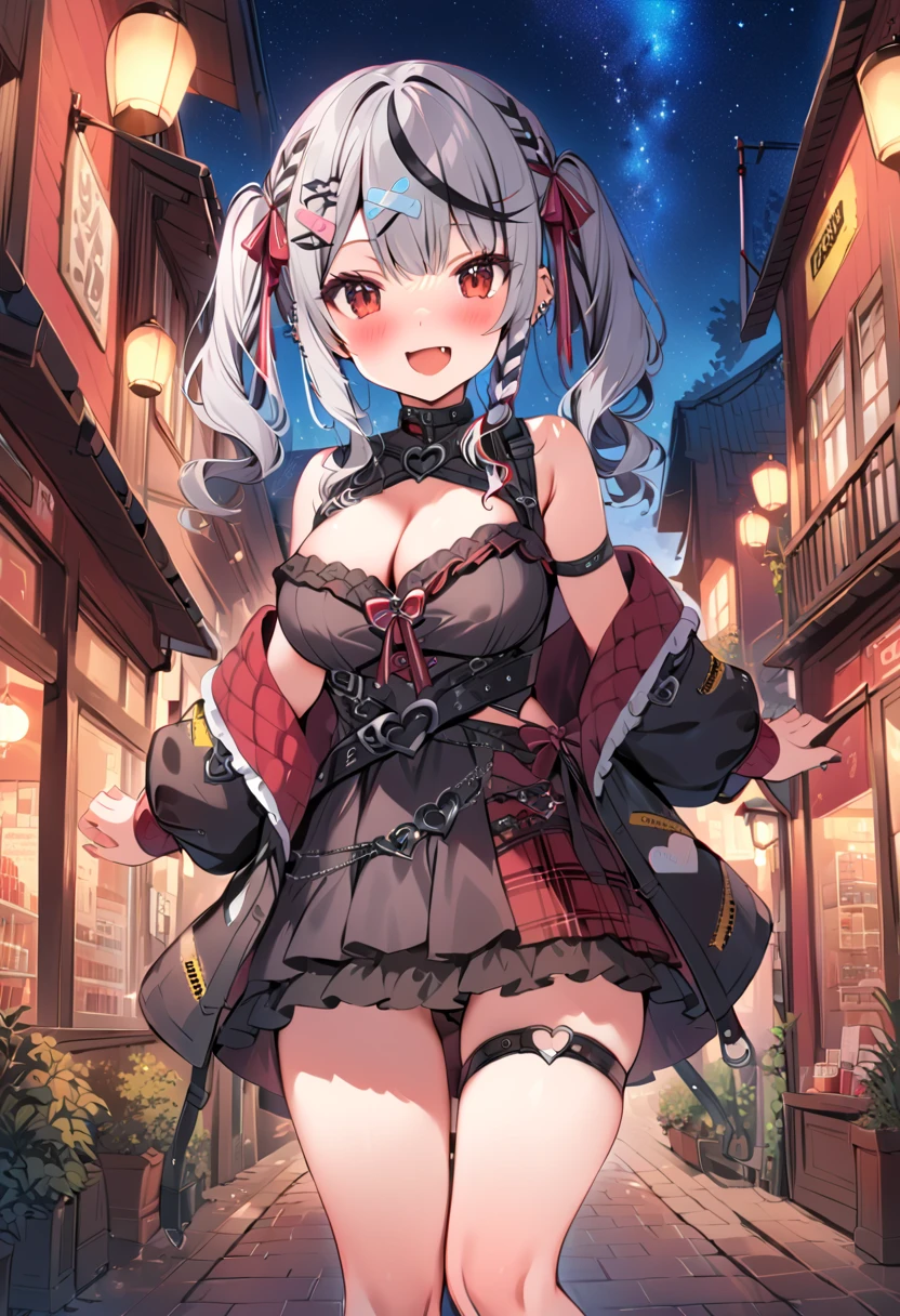 sakamata_jirai, red eyes, cleavage, multicolored hair, grey hair, streaked hair, bandaid, hair ornament, smile, black hair, clothing cutout, piercing, braid, fang, frills, cleavage cutout, :d, bow, ear piercing, band-aid hair ornament, PEAnimeBG, outdoor, scenery, background, anime, sky, night, stars,
masterpiece, high resolution, octance 4k, high detail,twin tail