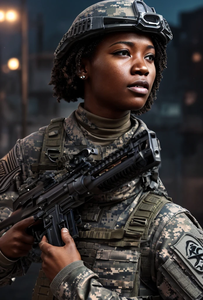 A muscular African American female special forces soldier, highly detailed portrait, beautiful detailed eyes, beautiful detailed lips, extremely detailed face, long eyelashes, serious expression, military uniform, tactical gear, assault rifle, night vision goggles, urban environment, cinematic lighting, dramatic shadows, gritty realism, hyper detailed, 8k, photorealistic, award winning digital art