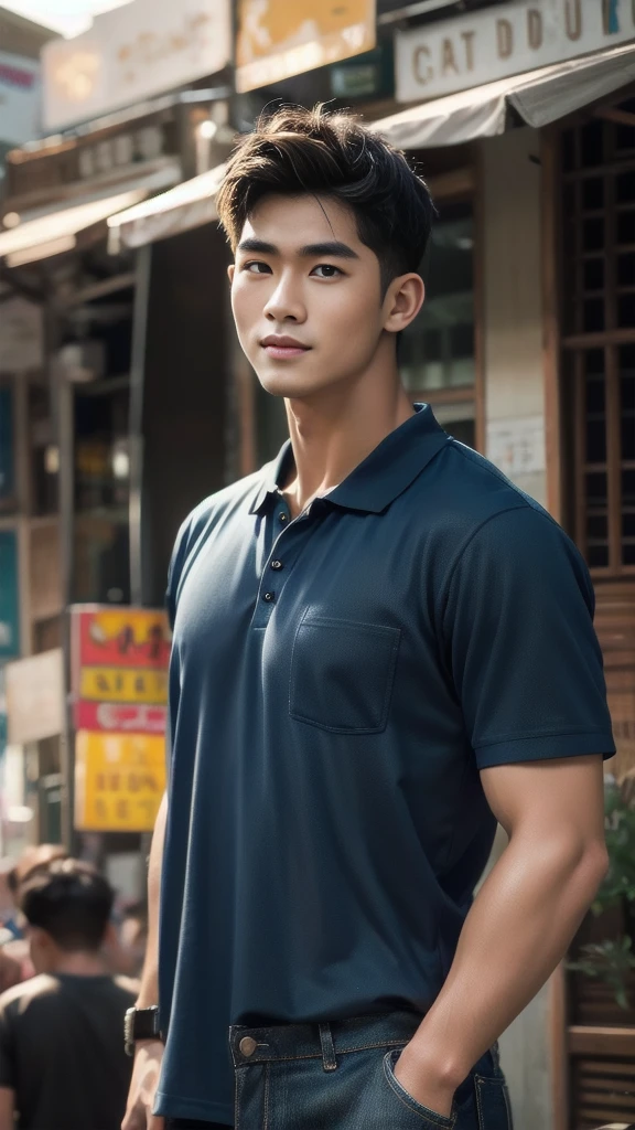 Natural light, realistic, Thai man, ทรงผมสั้น buzz cut, Handsome, muscular, big muscles, Broad shoulders, model,  Wear a tight polo shirt. dark blue jeans standing smiling , outdoor outside