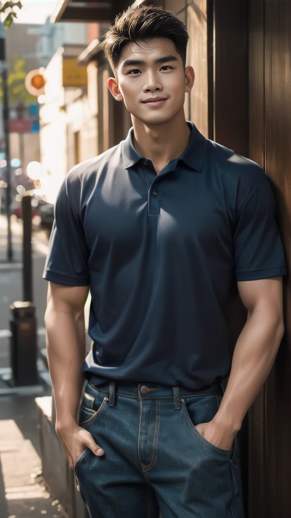 Natural light, realistic, Thai man, ทรงผมสั้น buzz cut, Handsome, muscular, big muscles, Broad shoulders, model,  Wear a tight polo shirt. dark blue jeans standing smiling , outdoor outside