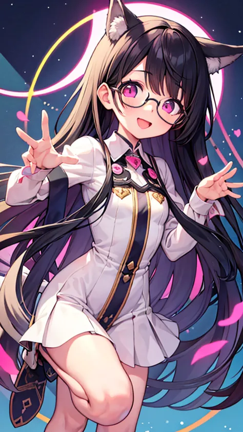 masterpiece, highest quality, cheers,black hair,pink eyes,long hair,straight hair,glasses,night sky,a perfect smile,open your mo...