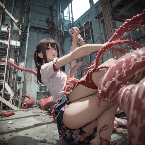 Girl captured by tentacles in abandoned factory　Tentacles in a skirt　Pants fabric texture　