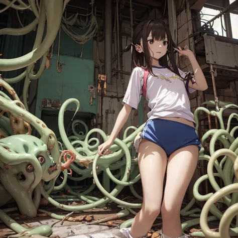 girl captured by tentacles in abandoned factory　tentacles in a skirt　pants fabric texture