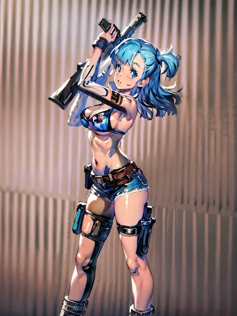 1girl, solo, gun, weapon, shorts, swimsuit, bulma, holster, boots, bikini, blue hair, gloves, breasts, blue eyes, one side up, b...