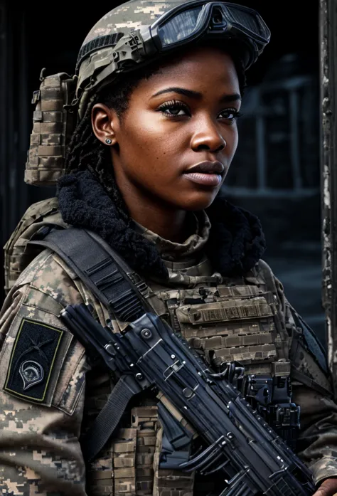 a muscular african american female special forces soldier, highly detailed portrait, beautiful detailed eyes, beautiful detailed...