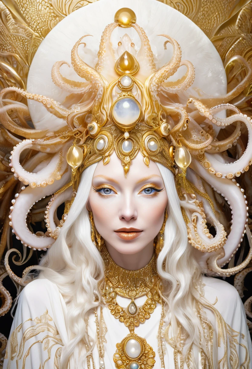 Alafiid women wearing gold and white feathered headdresses, portrait of albino mystic, Portrait of Octopus Goddess, Art Deco Shaman, A Stunning Portrait of a Goddess, Cosmic Goddess Portrait, Goddess Images, Jellyfish Priestess, Extremely detailed photos of the goddess, Nordic Moon Goddess Portrait, Portrait of the Queen of Light, Happy Woman, Gorgeous role-playing