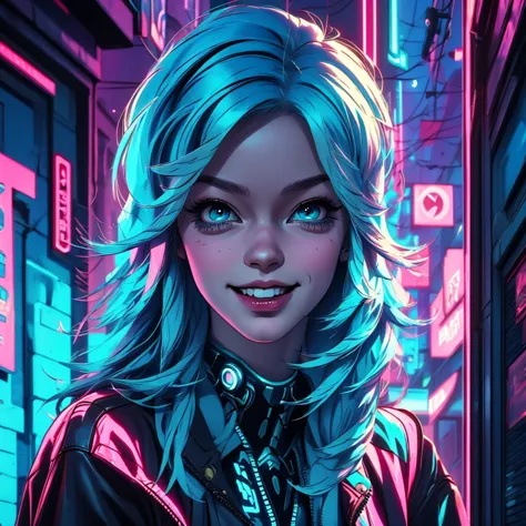 there is a woman with blue hair and a jacket, hyper-realistic cyberpunk style, realistic art style, retrato ciberpunk, 🤤 portrai...