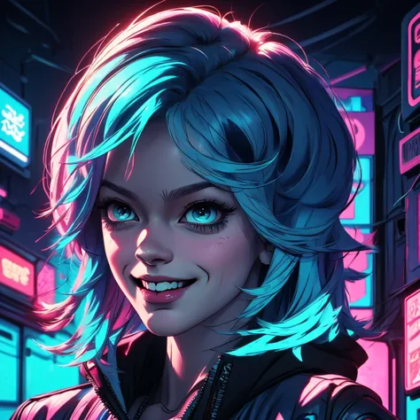 there is a woman with blue hair and a jacket, hyper-realistic cyberpunk style, realistic art style, retrato ciberpunk, 🤤 portrai...