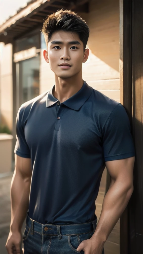 Natural light, realistic, Thai man, ทรงผมสั้น buzz cut, Handsome, muscular, big muscles, Broad shoulders, model,  Wear a tight polo shirt. dark blue jeans standing smiling , outdoor outside