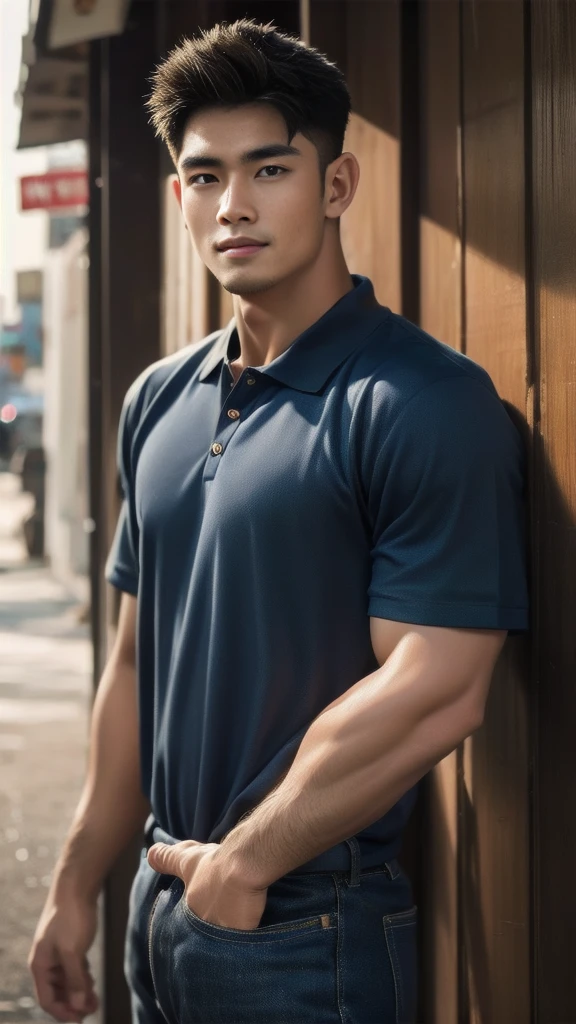 Lumière naturelle, Réaliste, Homme thaïlandais, coiffure courte coupe buzz, beau, Musclé, Gros muscles, Épaules larges, Modèle,  Portez un polo moulant. jeans bleu foncé debout souriant , Extérieur Extérieur