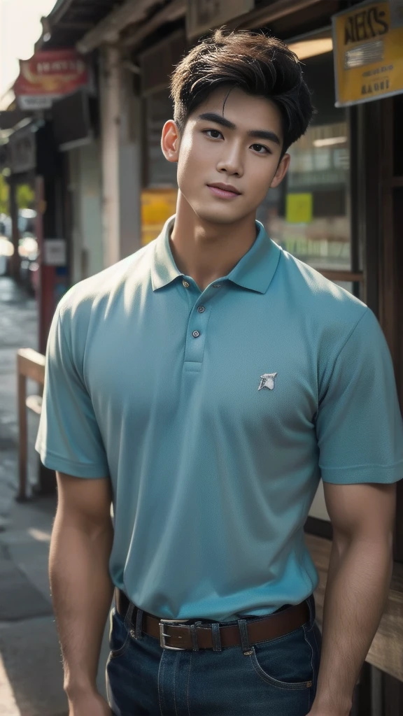 Lumière naturelle, Réaliste, Homme thaïlandais, coiffure courte coupe buzz, beau, Musclé, Gros muscles, Épaules larges, Modèle,  Portez un polo moulant. jeans bleu foncé debout souriant , Extérieur Extérieur