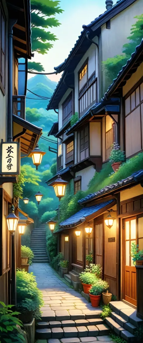 Summer evening、Cute shop at the top of the stairs、Rich in nature、((Ghibli anime)）, Fantasy, wonderful,