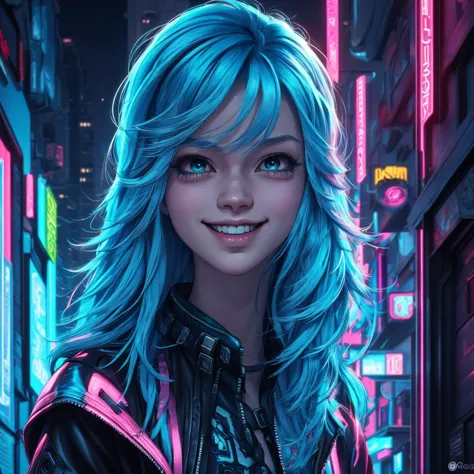 there is a woman with blue hair and a jacket, hyper-realistic cyberpunk style, realistic art style, retrato ciberpunk, 🤤 portrai...