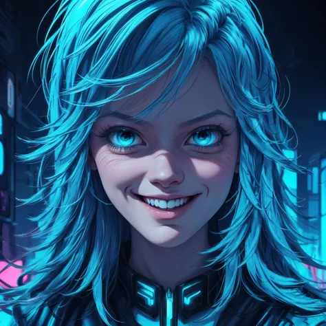 there is a woman with blue hair and a jacket, hyper-realistic cyberpunk style, realistic art style, retrato ciberpunk, 🤤 portrai...