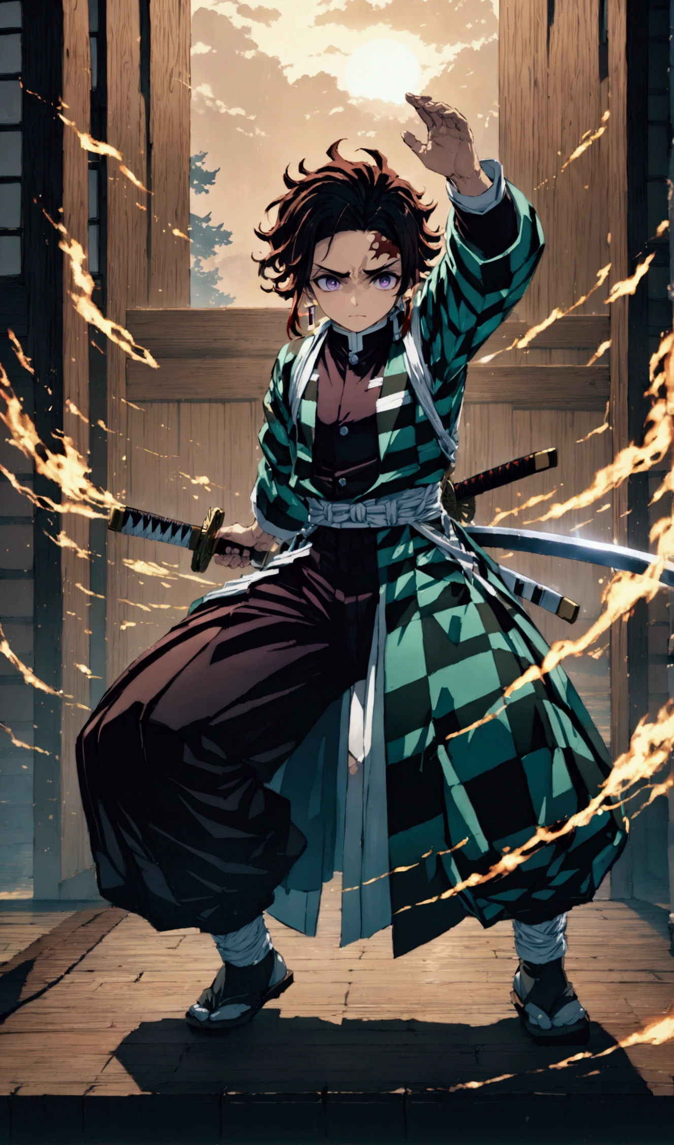 (1 male,Tanjiro Kamado),Demon slayer,Tanjiro Costume,tanjiro has a sword,Water and fire effects,Intricate details,,Decadent,artwork,rendering,Dynamic pose,(masterpiece:1.3),(highest quality:1.4),(Super detailed:1.5),High resolution,Very detailed,unity 8k wallpaper,Dark fantasy,,Glare,Fighting Style,Glare,Desperate form,BREAK,The sword is a Japanese sword,Japanese swords are straight and have a metallic luster..,Please hold the handle of the Japanese sword