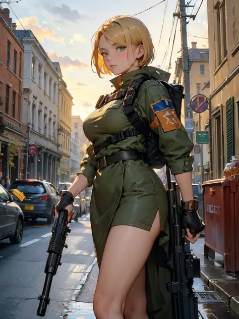 solo,1girl,outdoors,cityscape,standing,ruanyi0308,armor,assault rifle,camouflage,helmet,holding weapon,load bearing vest,backpac...