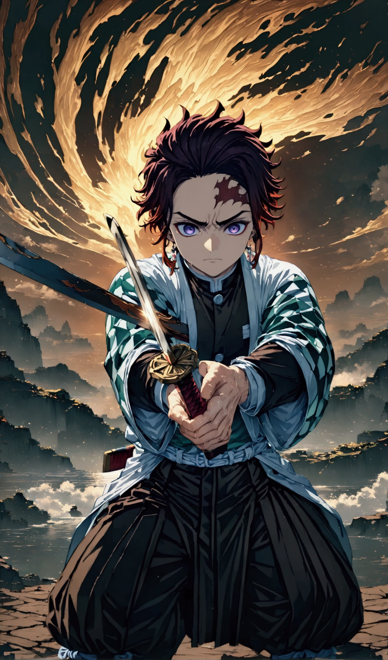 (1 male,Tanjiro Kamado),Demon slayer,Tanjiro Costume,tanjiro has a sword,Water and fire effects,Intricate details,,Decadent,artwork,rendering,Dynamic pose,(masterpiece:1.3),(highest quality:1.4),(Super detailed:1.5),High resolution,Very detailed,unity 8k wallpaper,Dark fantasy,,Glare,Fighting Style,Glare,Desperate form,BREAK,The sword is a Japanese sword,Japanese swords are straight and have a metallic luster..,Please hold the handle of the Japanese sword