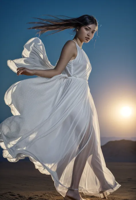 a beautiful female model, full body, dark background, backlit, long white sheer chiffon dress, mihalkova style, ultra-detailed, ...