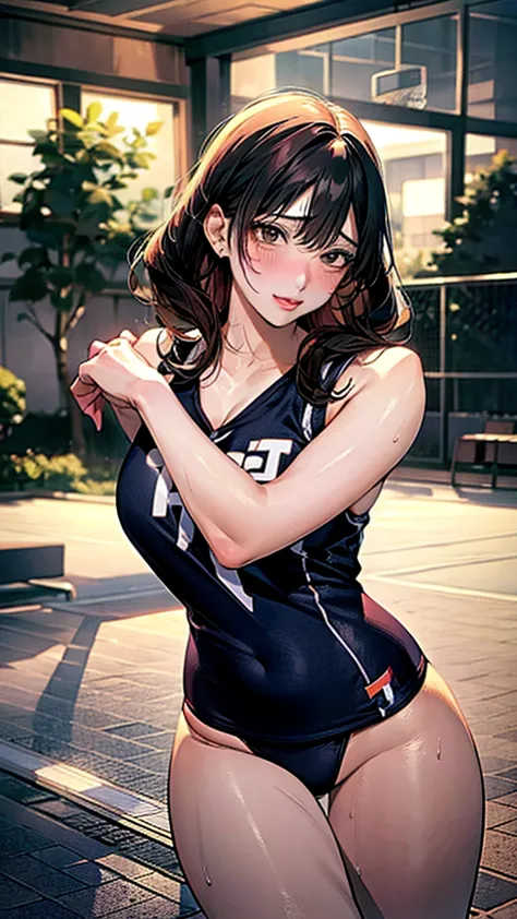 kiss,embrace each other,sexy pose,sports uniforms,lily,woman,basketball player,group shot,sweat:1.5,bent at the waist,protruding...