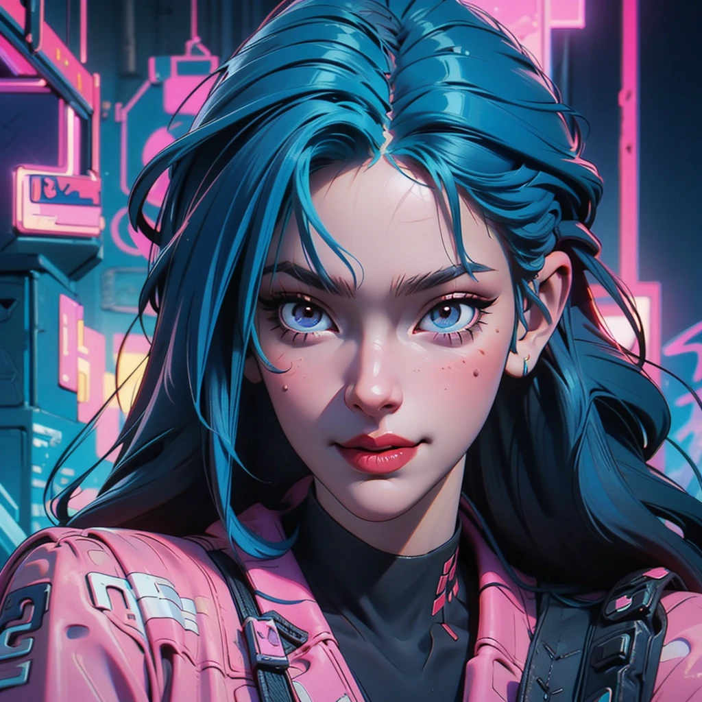 there is a woman with blue hair and a jacket, hyper-realistic cyberpunk style, realistic art style, Retrato ciberpunk, 🤤 portrait of , cyberpunk artstyle, cyberpunk anime digital art, Retrato de RossDraws, garota cyberpunk sonhadora, the cyberpunk portrait of , portrait of cg society, cyberpunk style ， hyper realist, realism art style, photorealistic art style, rossdraws pastel vibrante, smiling