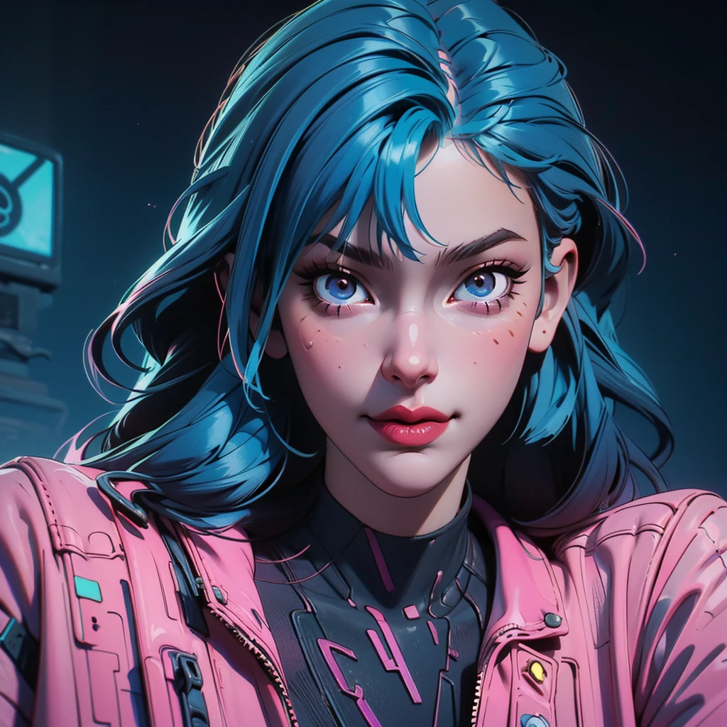 there is a woman with blue hair and a jacket, hyper-realistic cyberpunk style, realistic art style, Retrato ciberpunk, 🤤 portrait of , cyberpunk artstyle, cyberpunk anime digital art, Retrato de RossDraws, garota cyberpunk sonhadora, the cyberpunk portrait of , portrait of cg society, cyberpunk style ， hyper realist, realism art style, photorealistic art style, rossdraws pastel vibrante, smiling