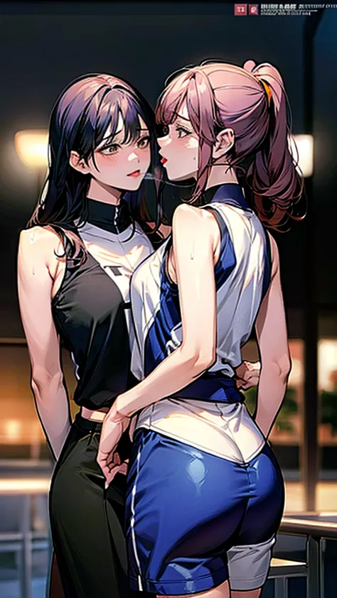 kiss,embrace each other,sexy pose,sports uniforms,lily,woman,basketball player,group shot,sweat:1.5,bent at the waist,protruding...