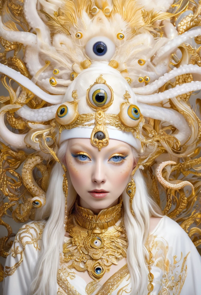 Alafiid women wearing gold and white feathered headdresses, portrait of albino mystic,Portrait of octopus goddess with many eyeballs growing on the skin of her face, Art Deco Shaman, A Stunning Portrait of a Goddess, Cosmic Goddess Portrait, Goddess Images, Jellyfish Priestess, Extremely detailed photos of the goddess, Nordic Moon Goddess Portrait, Portrait of the Queen of Light, Happy Woman, Gorgeous role-playing