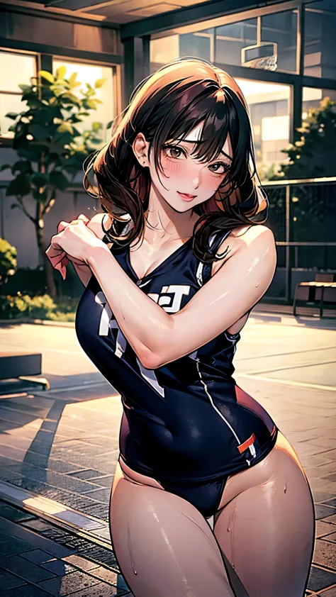 kiss,embrace each other,sexy pose,sports uniforms,lily,woman,basketball player,group shot,sweat:1.5,bent at the waist,protruding...