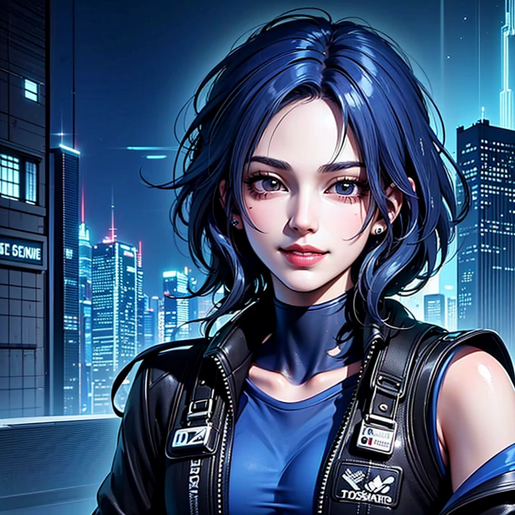 hay una mujer con cabello azul y una chaqueta, hyper-realistic estilo ciberpunk, estilo de arte realista, retrato ciberpunk, 🤤 retrato de , estilo artístico cyberpunk, ciberpunk anime arte digital, Retrato de RossDraws, Chica Cyberpunk de ensueño, the cyberpunk retrato de , retrato de cg society, estilo ciberpunk ， hiperrealista, estilo de arte realismo, photoestilo de arte realista, RossDraws Pastel vibrante, sonriente