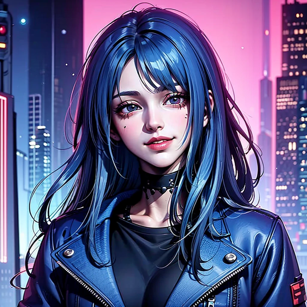 há uma mulher com cabelo azul e uma jaqueta, hyper-realistic Estilo ciberpunk, estilo de arte realista, retrato ciberpunk, 🤤 retrato de , estilo de arte cyberpunk, arte digital de anime cyberpunk, Retrato por RossDraws, garota cyberpunk sonhadora, the cyberpunk retrato de , retrato de cg society, Estilo ciberpunk ， hiper-realista, estilo de arte de realismo, photoestilo de arte realista, rossdraws pastel vibrante, sorridente