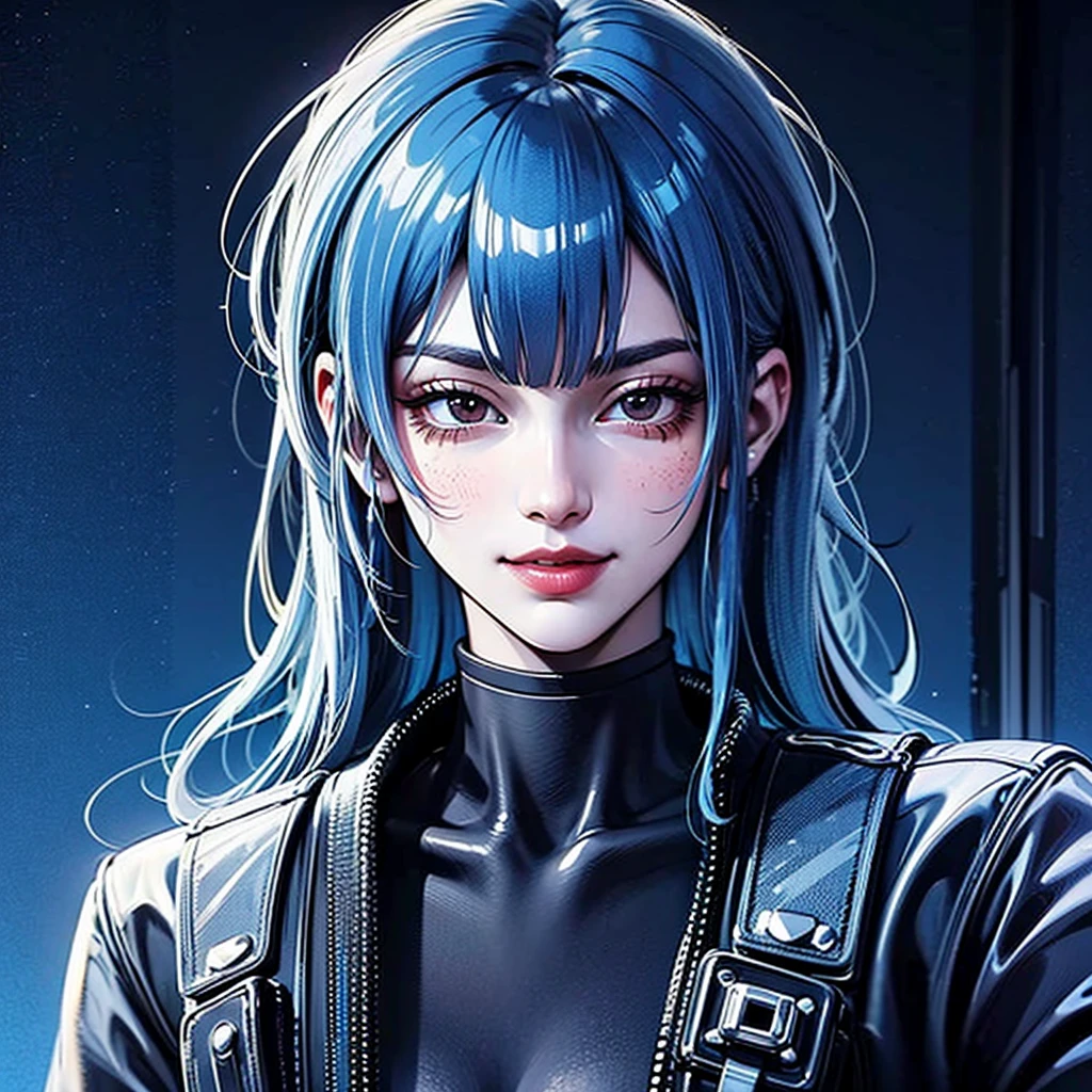 there is a woman with blue hair and a jacket, hyper-realistic cyberpunk style, realistic art style, Retrato ciberpunk, 🤤 portrait of , cyberpunk artstyle, cyberpunk anime digital art, Retrato de RossDraws, garota cyberpunk sonhadora, the cyberpunk portrait of , portrait of cg society, cyberpunk style ， hyper realist, realism art style, photorealistic art style, rossdraws pastel vibrante, smiling