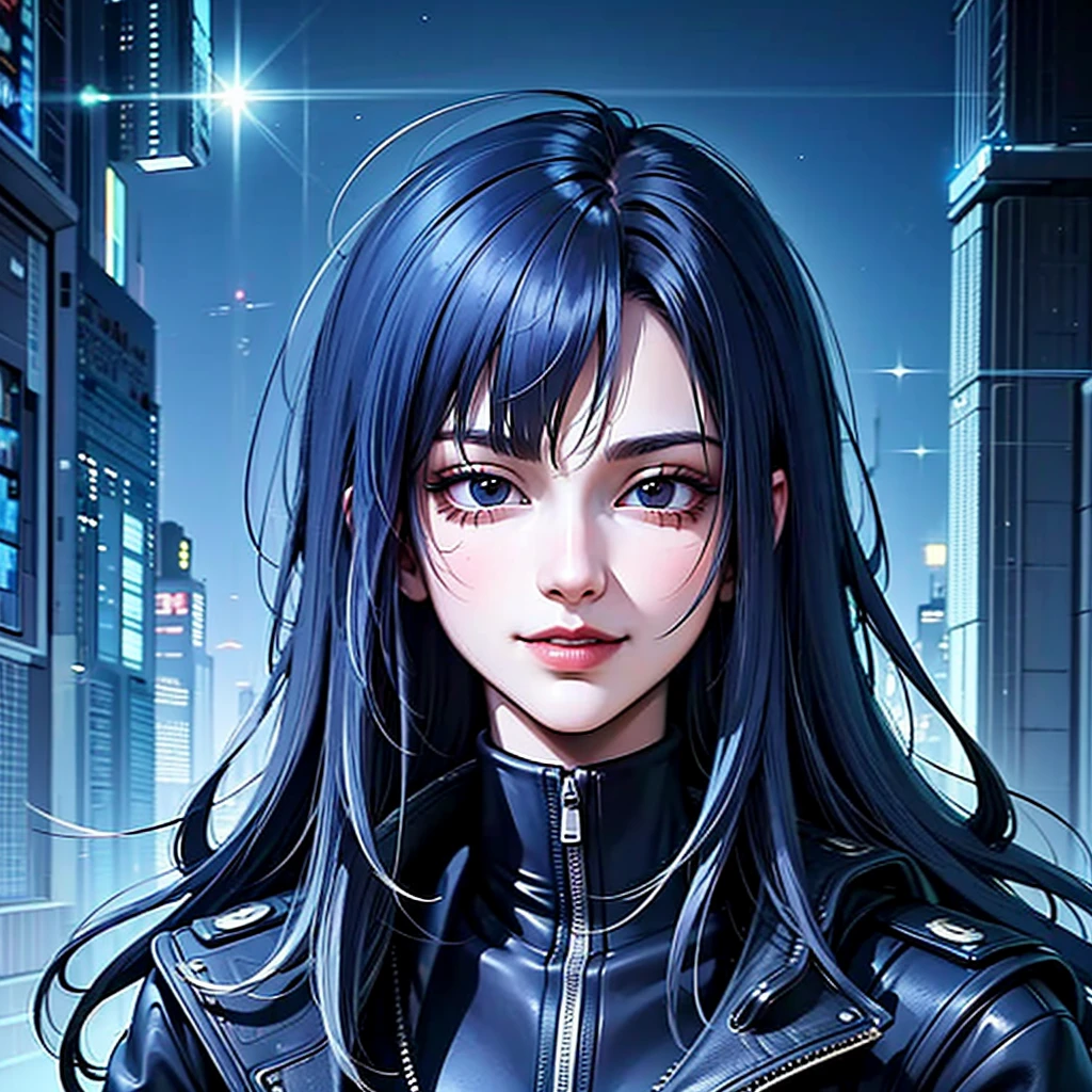 il y a une femme aux cheveux bleus et une veste, hyper-realistic style cyberpunk, style artistique réaliste, portrait cyberpunk, 🤤 portrait de , style artistique cyberpunk, cyberpunk anime art numérique, Portrait par RossDraws, fille cyberpunk rêveuse, the cyberpunk portrait de , portrait de cg society, style cyberpunk ， hyper réaliste, Style artistique réaliste, photostyle artistique réaliste, rossdraws pastel vibrants, souriant