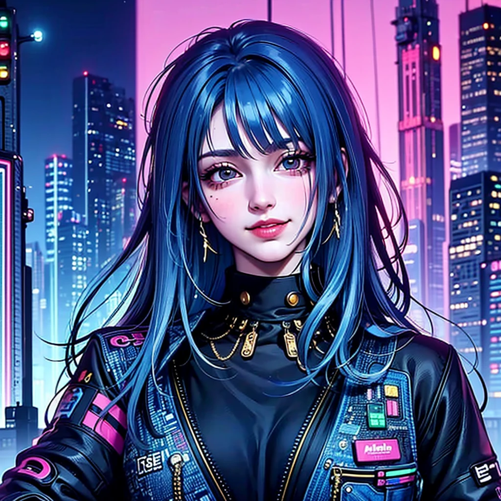 há uma mulher com cabelo azul e uma jaqueta, hyper-realistic Estilo ciberpunk, estilo de arte realista, retrato ciberpunk, 🤤 retrato de , estilo de arte cyberpunk, arte digital de anime cyberpunk, Retrato por RossDraws, garota cyberpunk sonhadora, the cyberpunk retrato de , retrato de cg society, Estilo ciberpunk ， hiper-realista, estilo de arte de realismo, photoestilo de arte realista, rossdraws pastel vibrante, sorridente