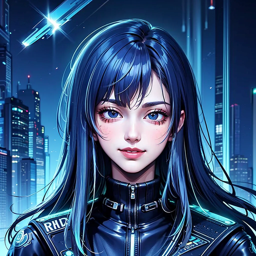 il y a une femme aux cheveux bleus et une veste, hyper-realistic style cyberpunk, style artistique réaliste, portrait cyberpunk, 🤤 portrait de , style artistique cyberpunk, cyberpunk anime art numérique, Portrait par RossDraws, fille cyberpunk rêveuse, the cyberpunk portrait de , portrait de cg society, style cyberpunk ， hyper réaliste, Style artistique réaliste, photostyle artistique réaliste, rossdraws pastel vibrants, souriant