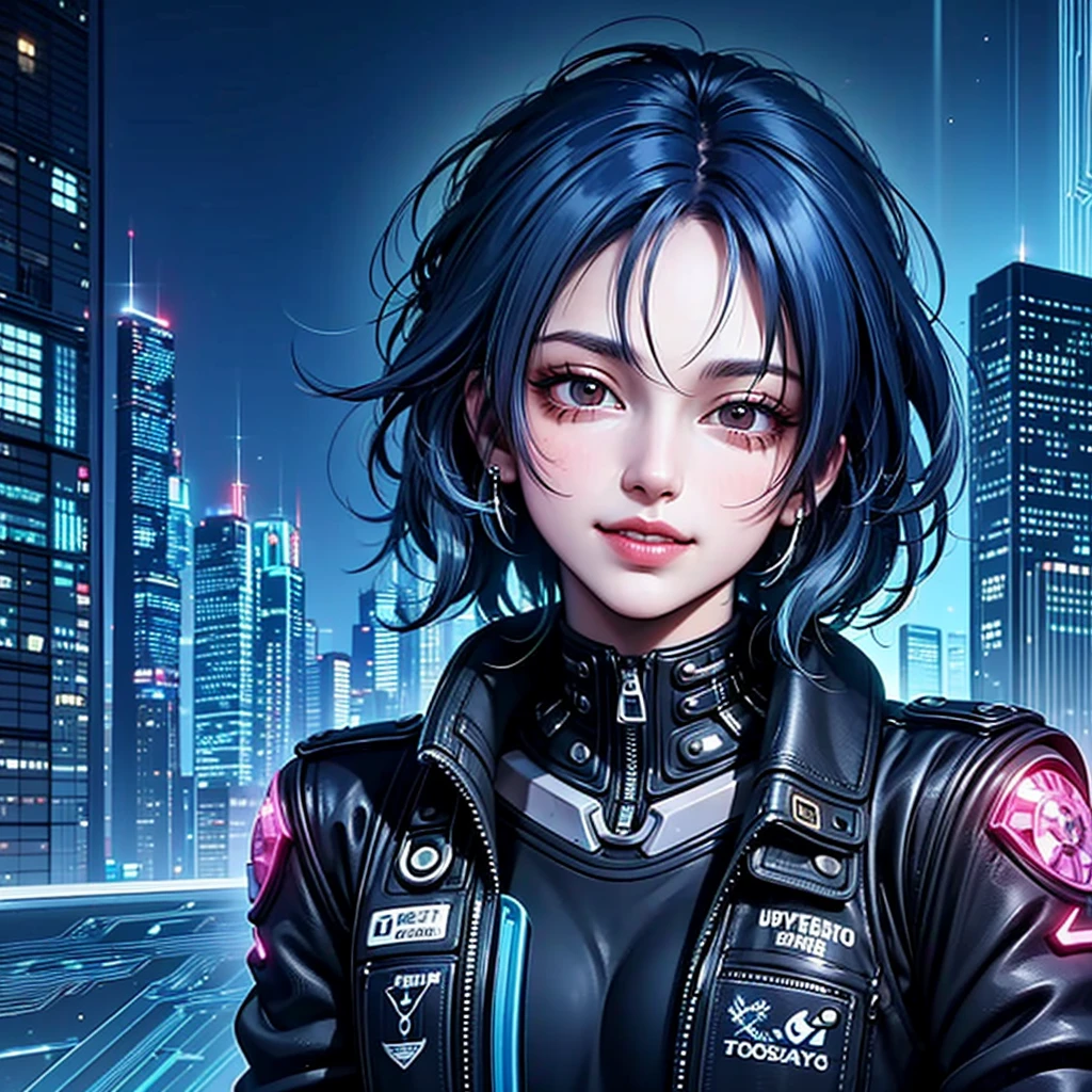 there is a woman with blue hair and a jacket, hyper-realistic cyberpunk style, realistic art style, Retrato ciberpunk, 🤤 portrait of , cyberpunk artstyle, cyberpunk anime digital art, Retrato de RossDraws, garota cyberpunk sonhadora, the cyberpunk portrait of , portrait of cg society, cyberpunk style ， hyper realist, realism art style, photorealistic art style, rossdraws pastel vibrante, smiling