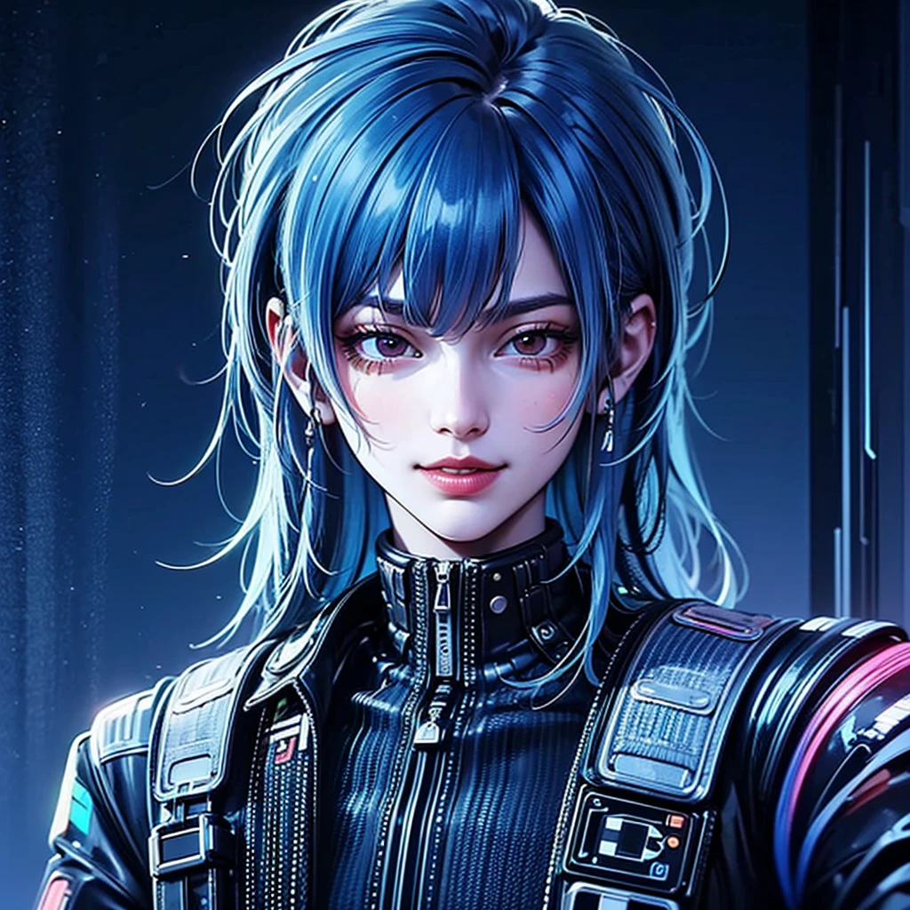 há uma mulher com cabelo azul e uma jaqueta, hyper-realistic Estilo ciberpunk, estilo de arte realista, retrato ciberpunk, 🤤 retrato de , estilo de arte cyberpunk, arte digital de anime cyberpunk, Retrato por RossDraws, garota cyberpunk sonhadora, the cyberpunk retrato de , retrato de cg society, Estilo ciberpunk ， hiper-realista, estilo de arte de realismo, photoestilo de arte realista, rossdraws pastel vibrante, sorridente