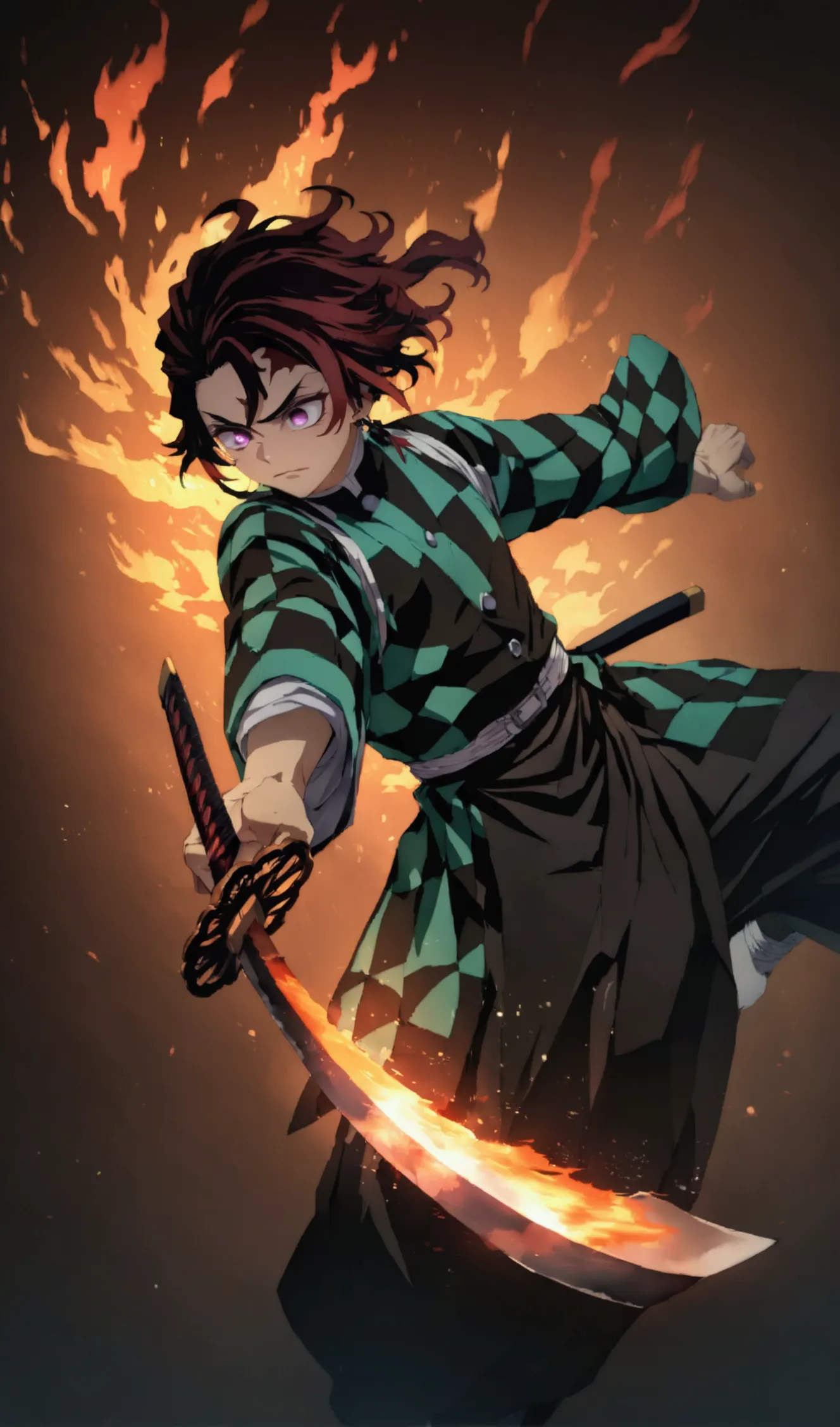 (1 male,tanjiro kamado),demon slayer,tanjiro costume,tanjiro has a sword,water and fire effects,intricate details,,decadent,artw...