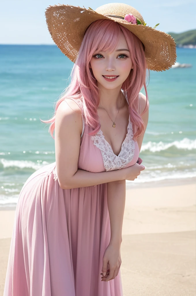 ((Highest quality, Best image quality, Ultra-high resolution)), (Photorealistic), (Realistic), (Ultra-high resolution),(A woman in a thin dress and a large straw hat is leaning forward at the seaside and looking at viewer), (pink hair:1.2), (long hair), (smile:1.3)