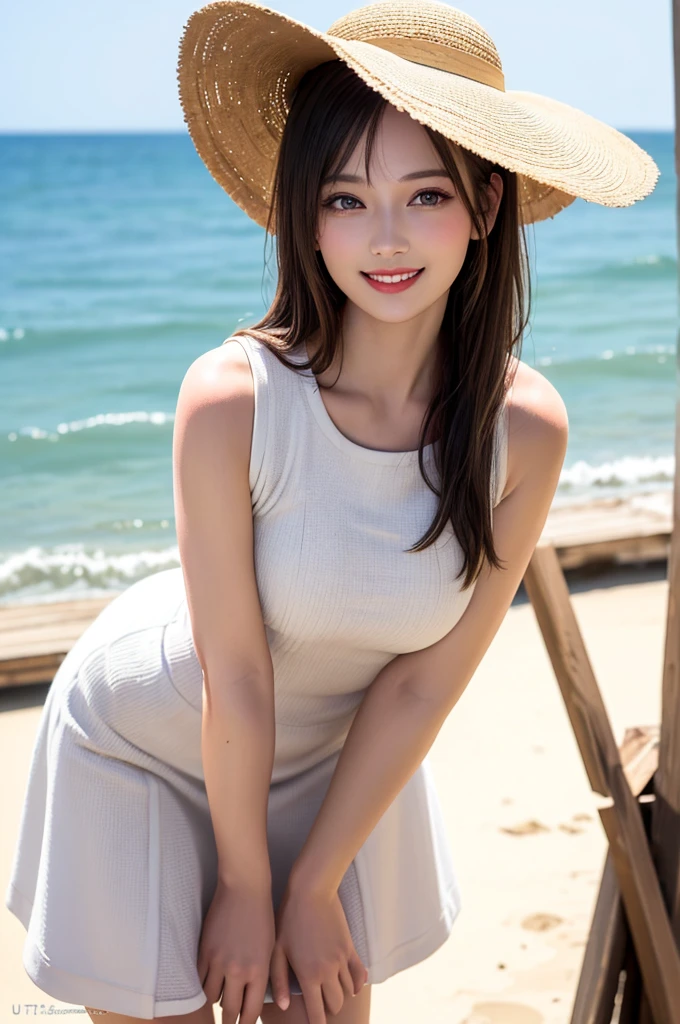 ((Highest quality, Best image quality, Ultra-high resolution)), (Photorealistic), (Realistic), (Ultra-high resolution),(A woman in a thin dress and a large straw hat is leaning forward at the seaside and looking at viewer), (blond hair:1.2), (long hair), (smile:1.3)