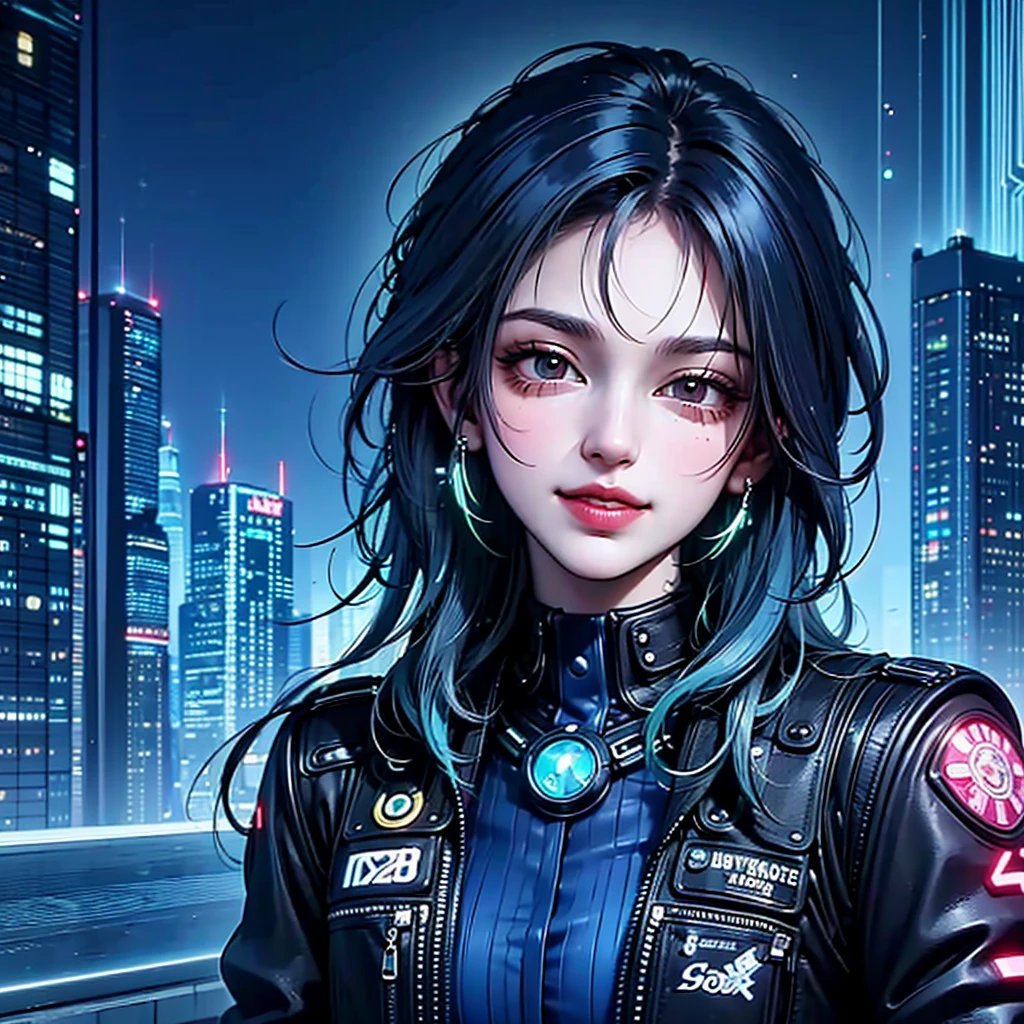 hay una mujer con cabello azul y una chaqueta, hyper-realistic estilo ciberpunk, estilo de arte realista, retrato ciberpunk, 🤤 retrato de , estilo artístico cyberpunk, ciberpunk anime arte digital, Retrato de RossDraws, Chica Cyberpunk de ensueño, the cyberpunk retrato de , retrato de cg society, estilo ciberpunk ， hiperrealista, estilo de arte realismo, photoestilo de arte realista, RossDraws Pastel vibrante, sonriente, Imagen de estilo cómic de los 80.