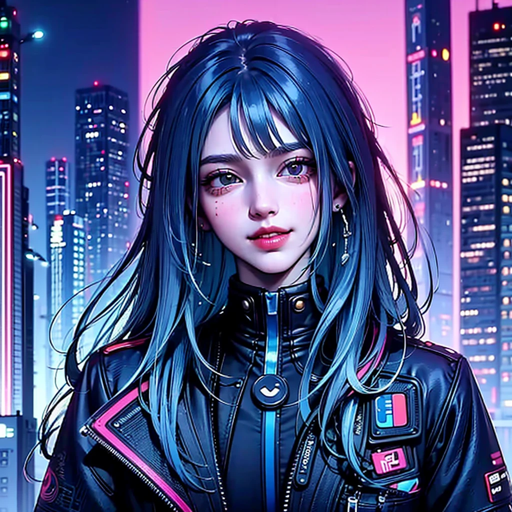 Da ist eine Frau mit blauen Haaren und einer Jacke, hyper-realistic cyberpunk style, realistischer Kunststil, Cyberpunk-Porträt, 🤤 Porträt von , cyberpunk artstyle, cyberpunk anime digital art, Porträt von RossDraws, Verträumtes Cyberpunk-Mädchen, the cyberpunk Porträt von , Porträt von cg society, cyberpunk style ， hyper realist, Realismus-Kunststil, photorealistischer Kunststil, lebendige Pastell-Rossdraws, lächelnd, Bild im Comic-Stil der 80er