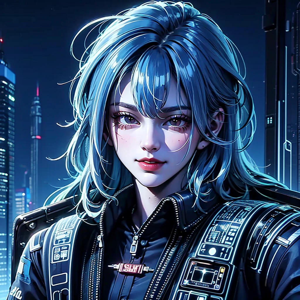 Da ist eine Frau mit blauen Haaren und einer Jacke, hyper-realistic cyberpunk style, realistischer Kunststil, Cyberpunk-Porträt, 🤤 Porträt von , cyberpunk artstyle, cyberpunk anime digital art, Porträt von RossDraws, Verträumtes Cyberpunk-Mädchen, the cyberpunk Porträt von , Porträt von cg society, cyberpunk style ， hyper realist, Realismus-Kunststil, photorealistischer Kunststil, lebendige Pastell-Rossdraws, lächelnd, Bild im Comic-Stil der 80er