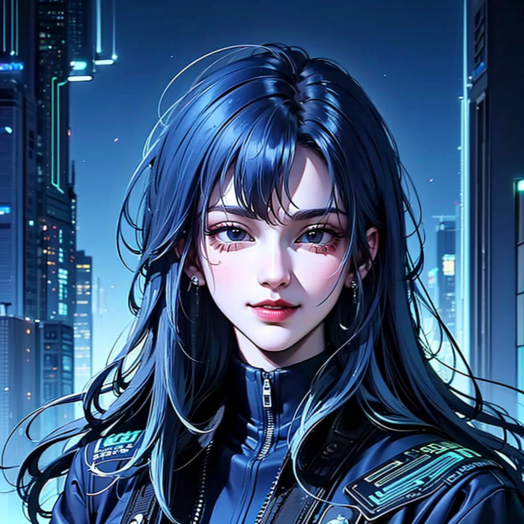 Da ist eine Frau mit blauen Haaren und einer Jacke, hyper-realistic cyberpunk style, realistischer Kunststil, Cyberpunk-Porträt, 🤤 Porträt von , cyberpunk artstyle, cyberpunk anime digital art, Porträt von RossDraws, Verträumtes Cyberpunk-Mädchen, the cyberpunk Porträt von , Porträt von cg society, cyberpunk style ， hyper realist, Realismus-Kunststil, photorealistischer Kunststil, lebendige Pastell-Rossdraws, lächelnd, Bild im Comic-Stil der 80er