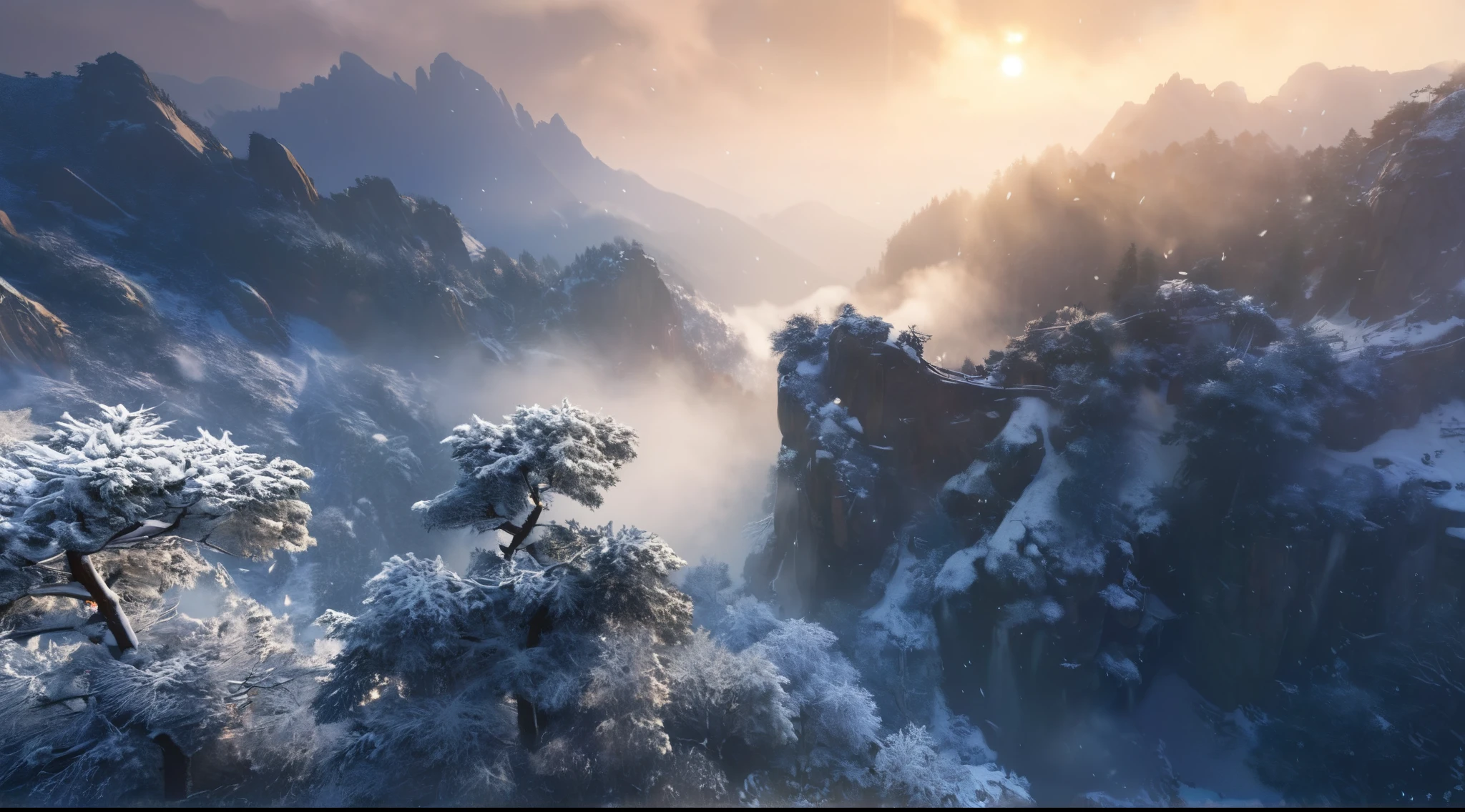 Mountain tops covered with snow and mist，snow，heavy snow，snowflake，正在snow，Wooded, 8k stunning artwork, Unreal Engine 4K Wallpaper, 4k highly detailed digital art, Movie. Leng Jun, Chinese scenery, ryan dyar, Mark Adams, Inspired by Sung Choi, Bastien Grieve, Unreal Engine fantasy art, 8K matte, 8K matte